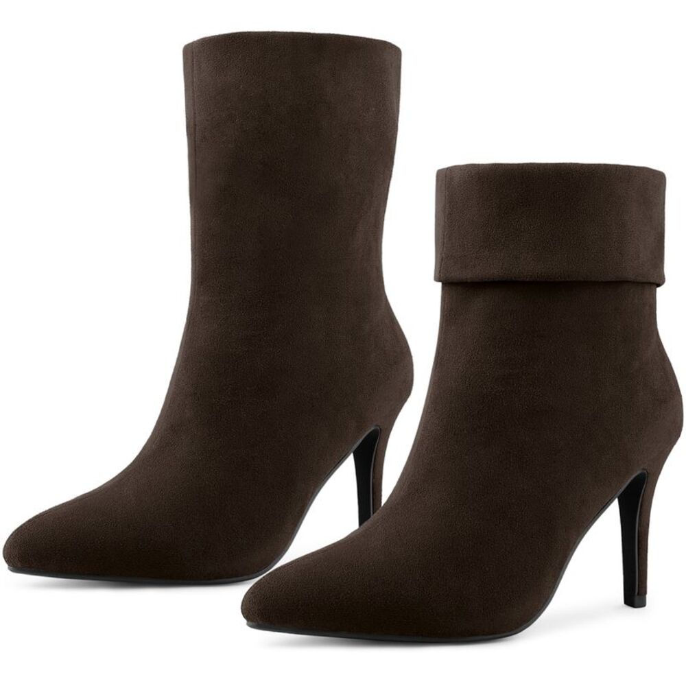 Pointed Toe Foldable Slip on Stiletto Heels Coffee Ankle Boots